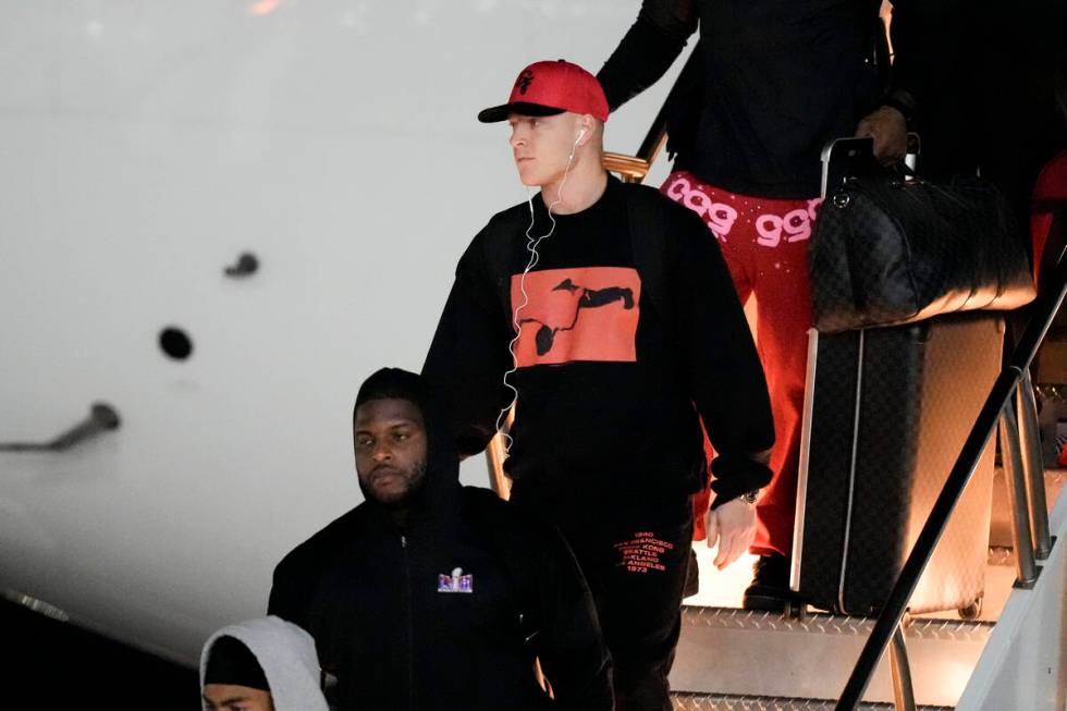 San Francisco 49ers running back Christian McCaffrey arrives ahead of the NFL Super Bowl 58 foo ...