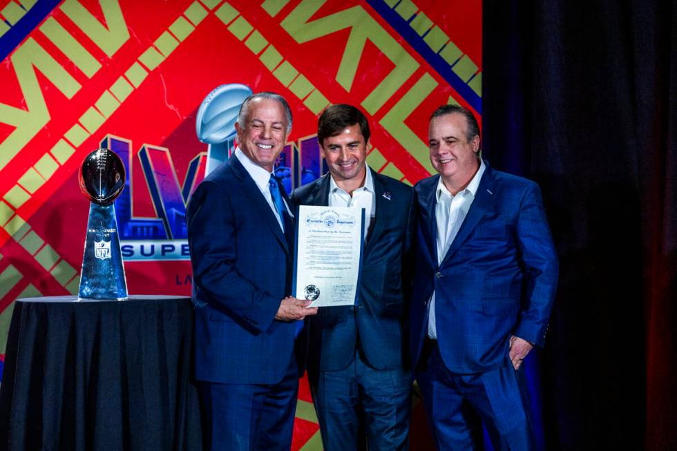 Governor Joe Lombardo presents a proclamation to Peter O’Reilly, NFL Executive Vice Pres ...