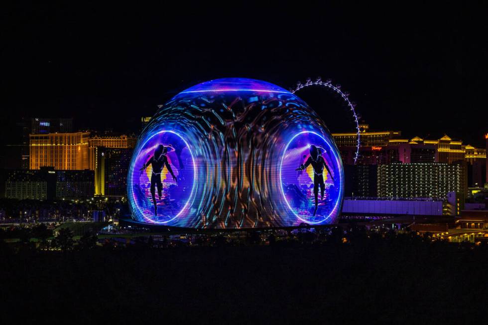 A metallic ball with character graphic during the opening night of the Sphere with U2 concert o ...