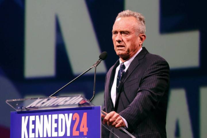 Robert F. Kennedy speaks to a crowd at Area 15 in Las Vegas, Sunday, Feb. 4, 2024. (Rachel Asto ...