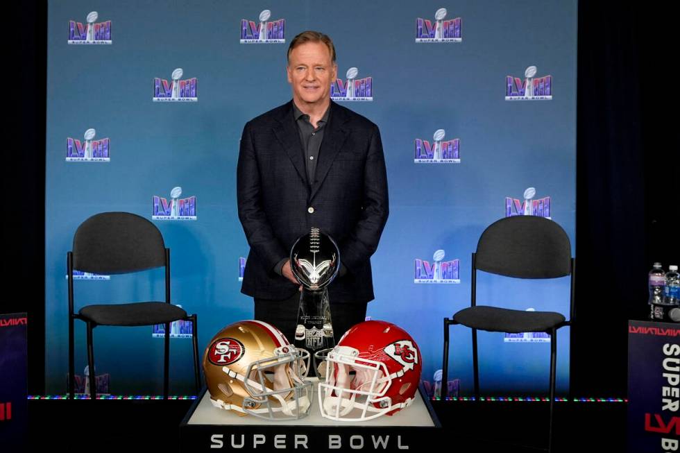 NFL football commissioner Roger Goodell poses during a Super Bowl 58 news conference, Monday, F ...