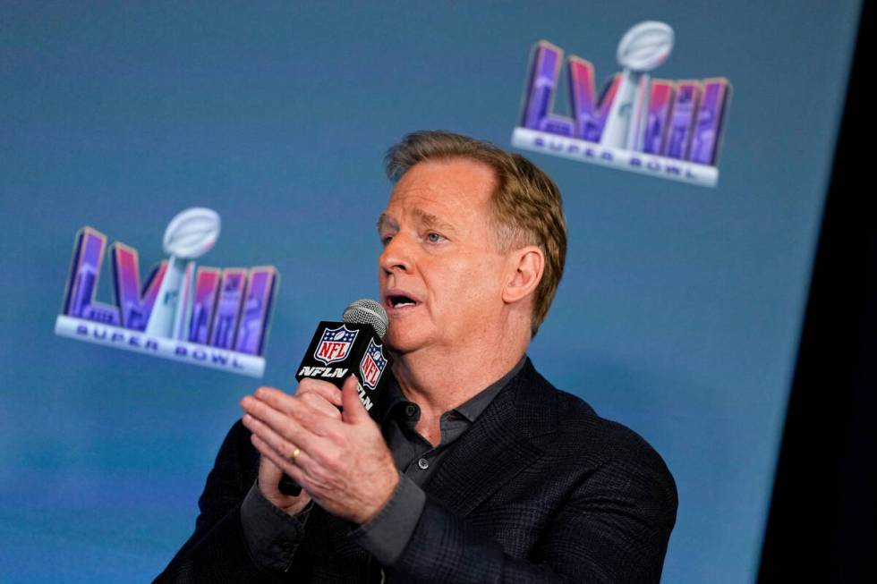 NFL football commissioner Roger Goodell speaks during a Super Bowl 58 news conference, Monday, ...