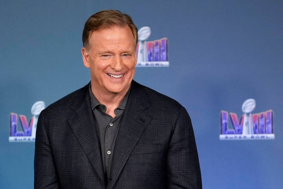 NFL football commissioner Roger Goodell speaks during a Super Bowl 58 news conference, Monday, ...