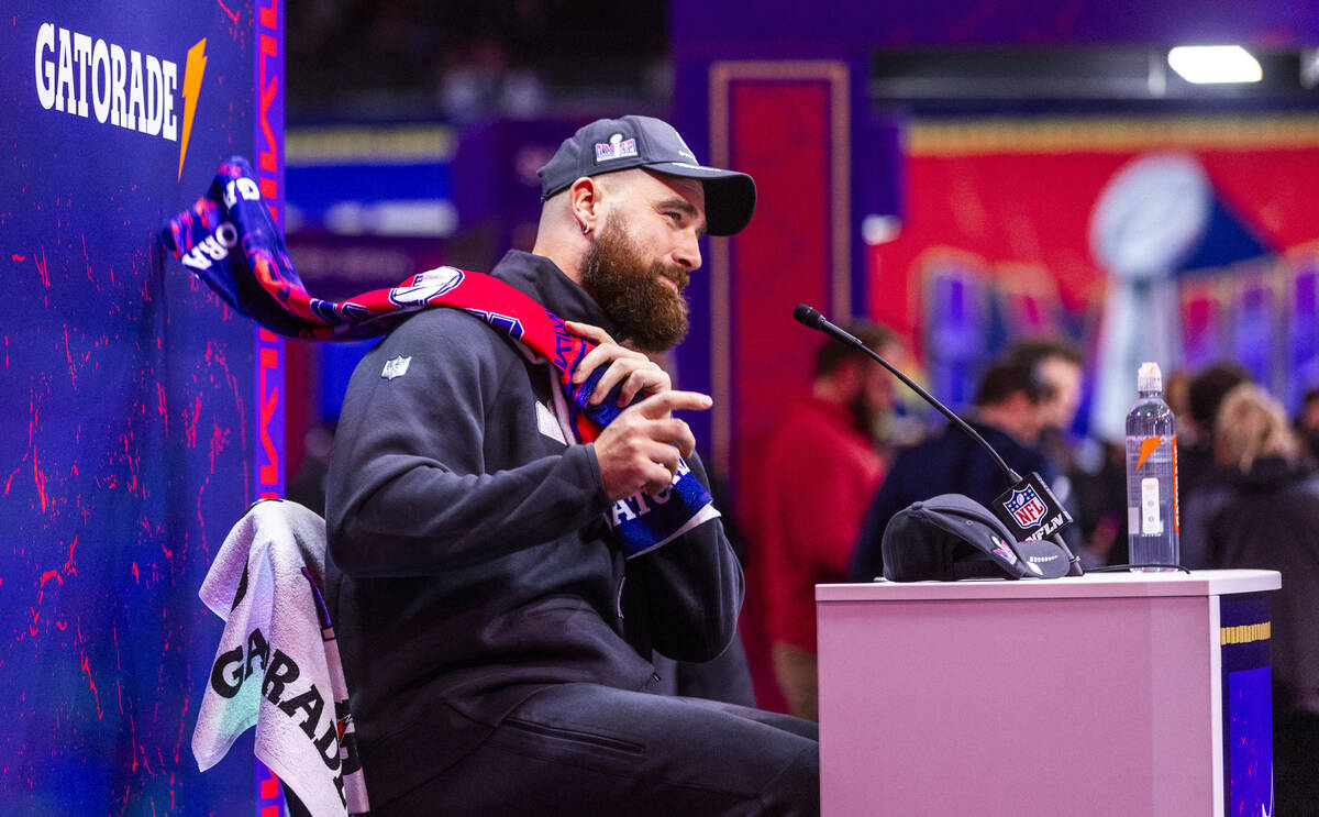 Kansas City Chiefs player Travis Kielce takes media question on the field during the Super Bowl ...