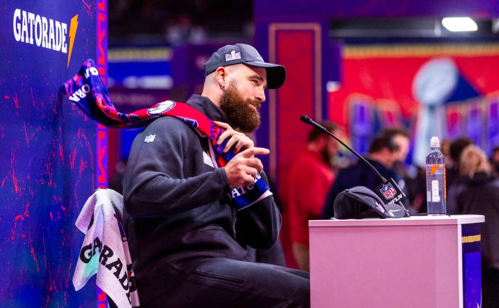 Kansas City Chiefs player Travis Kielce takes media question on the field during the Super Bowl ...