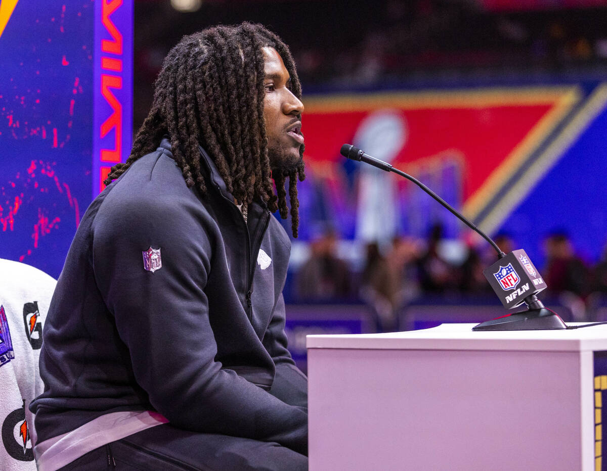 Kansas City Chiefs player Nick Bolton answers a media member's question on the field during the ...