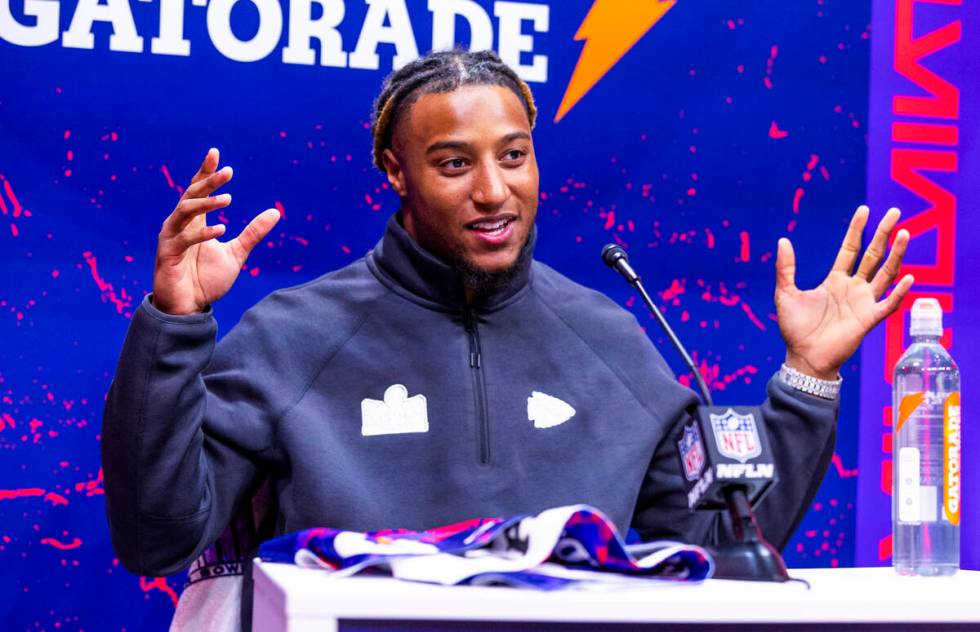 Kansas City Chiefs player Justin Reid answers a media member's question on the field during the ...