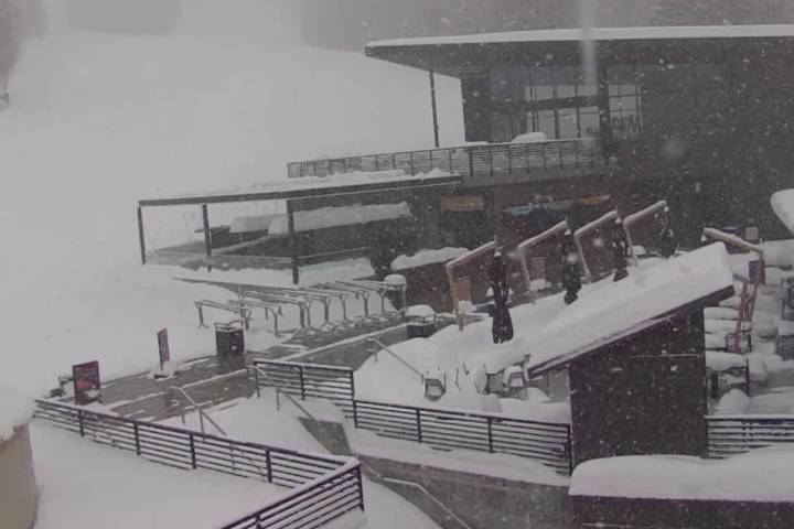 This screen shot from video shows snow at the base area of Lee Canyon on Tuesday, Feb. 6, 2024. ...