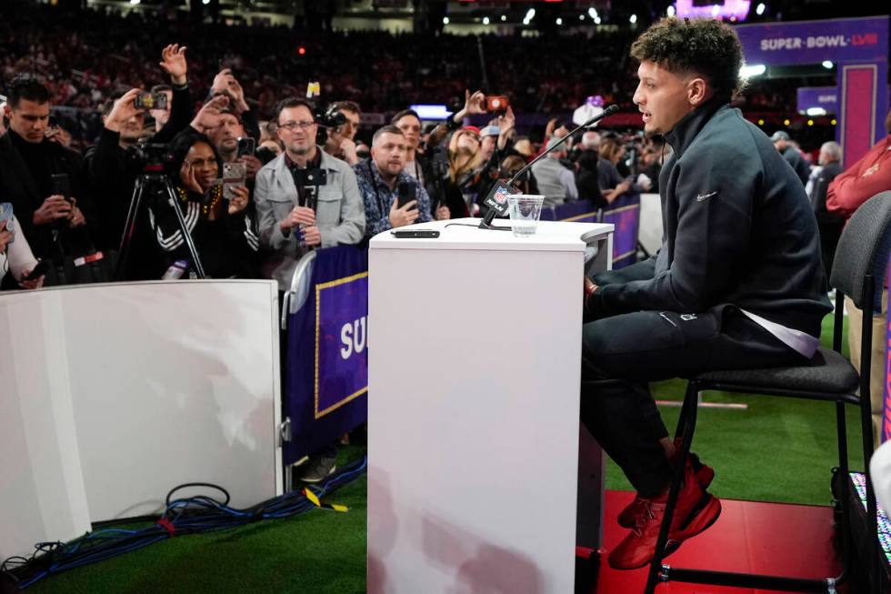 Kansas City Chiefs quarterback Patrick Mahomes speaks to the media during NFL football Super Bo ...