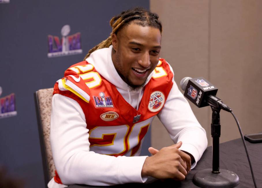 Kansas City Chiefs safety Justin Reid talks with the news media at Westin Lake Las Vegas in Hen ...