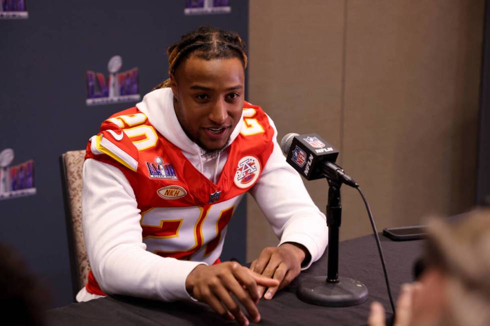 Kansas City Chiefs safety Justin Reid talks with the news media at Westin Lake Las Vegas in Hen ...