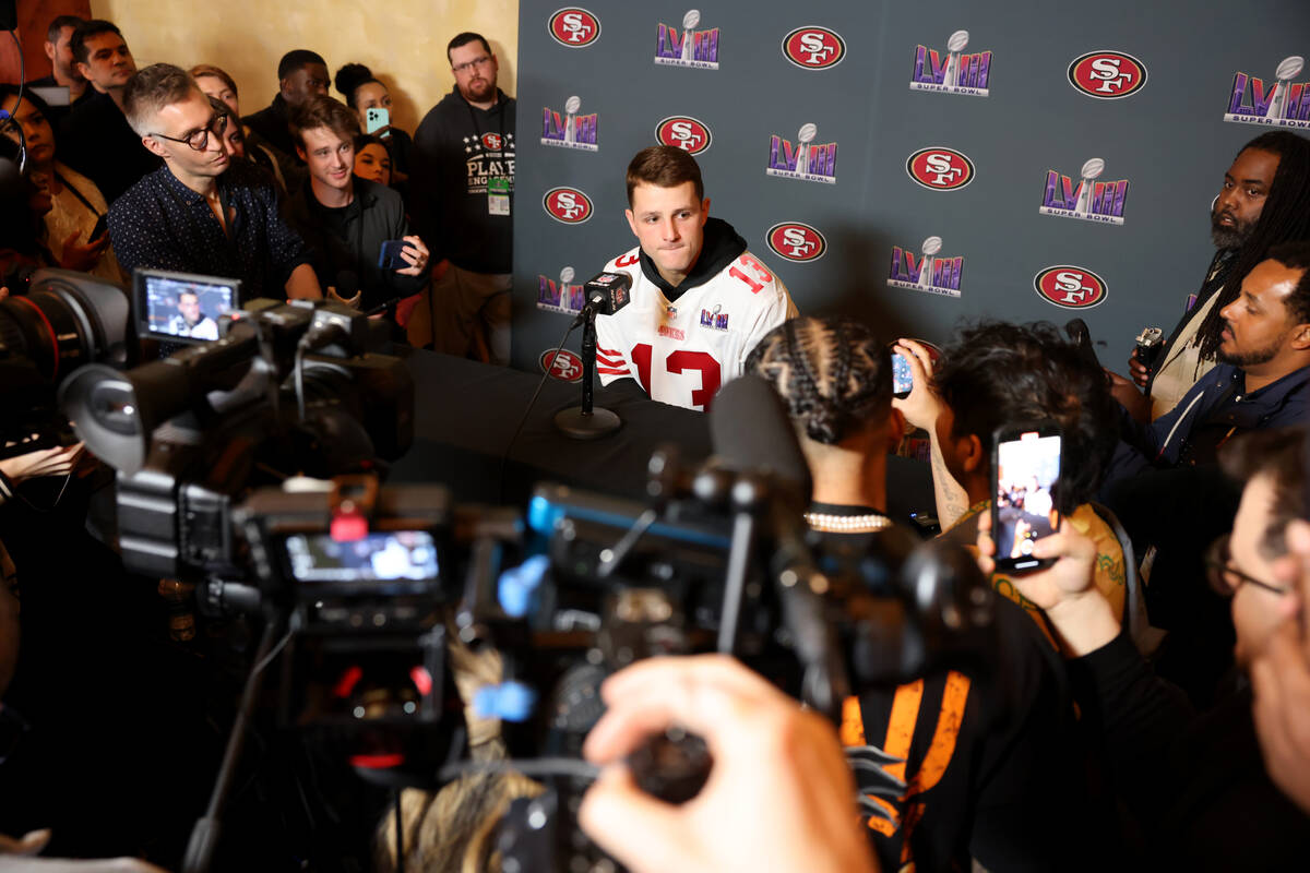 San Francisco 49ers quarterback Brock Purdy talks with the news media at Hilton Lake Las Vegas ...