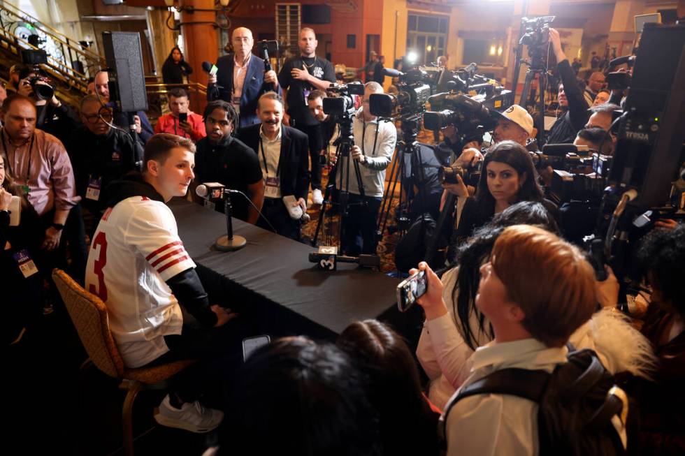 San Francisco 49ers quarterback Brock Purdy talks with the news media at Hilton Lake Las Vegas ...