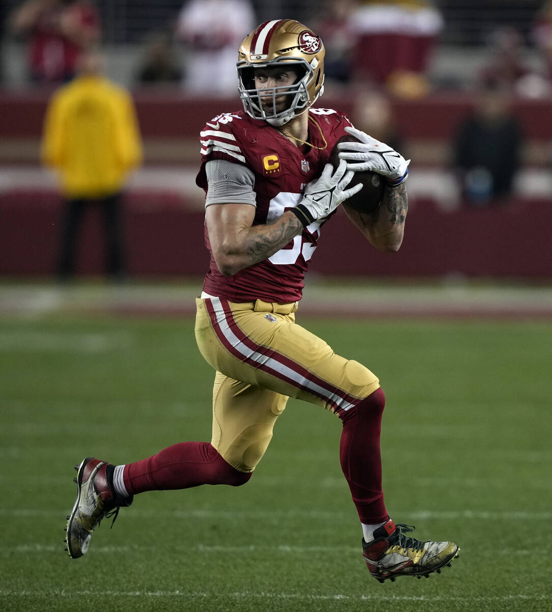 San Francisco 49ers tight end George Kittle catches a pass during the NFC Championship NFL foot ...
