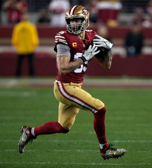 San Francisco 49ers tight end George Kittle catches a pass during the NFC Championship NFL foot ...