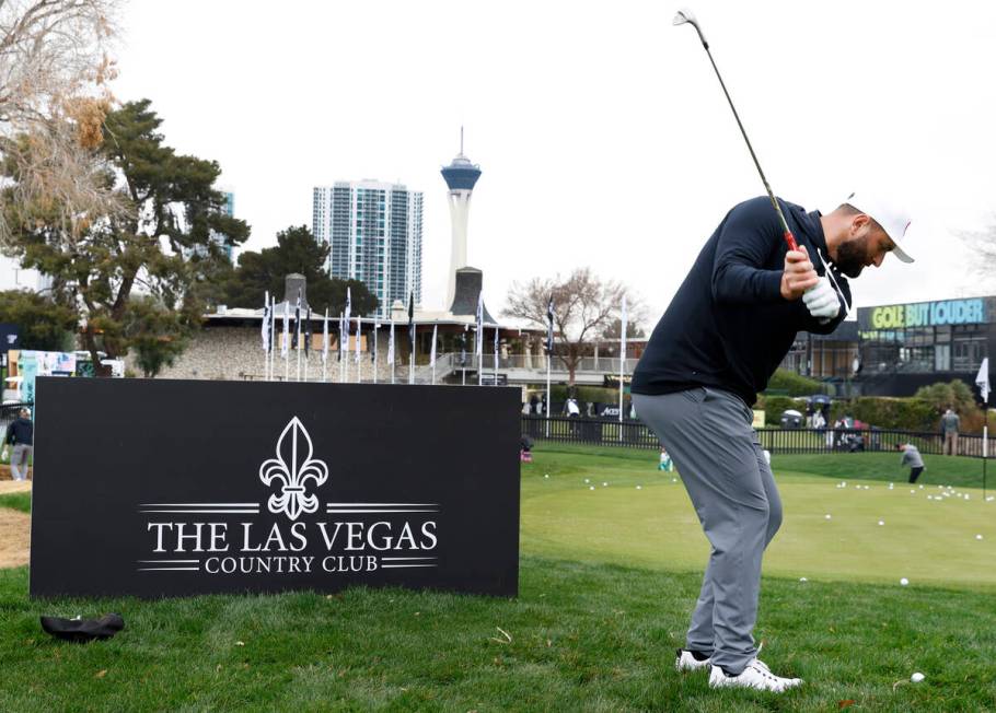 Jon Rahm practices before the LIV Golf Las Vegas tournament at the Las Vegas Country Club, on T ...