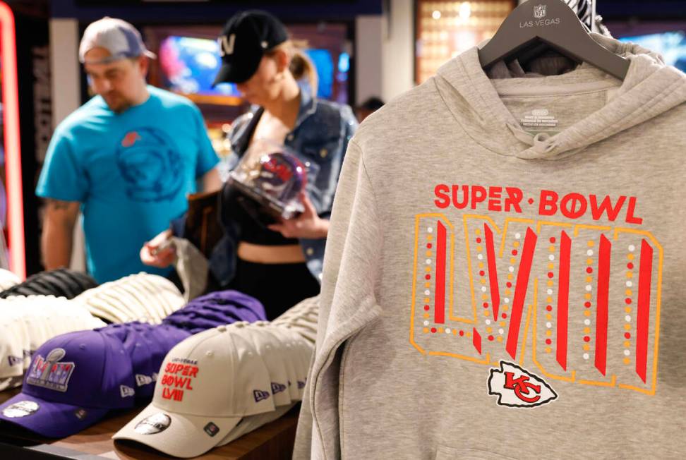 Super Bowl LVIII merchandise from Kansas City Chiefs are displayed at the NFL Las Vegas store a ...