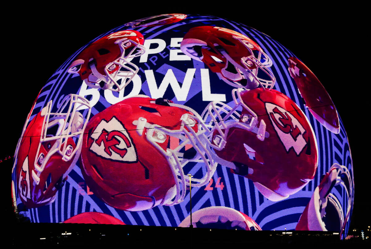 The Sphere displays Super Bowl LVIII related logos on Monday, Feb. 5, 2024 in Las Vegas. (Danie ...