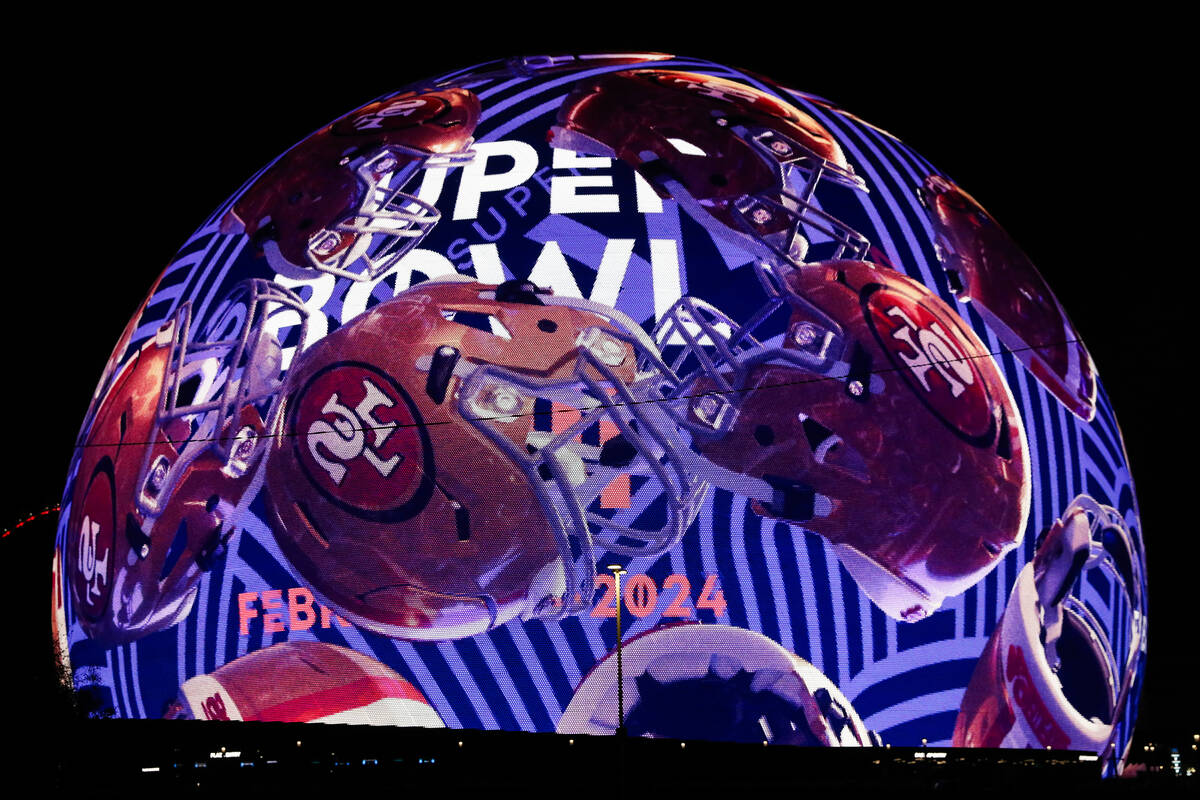 The Sphere displays Super Bowl LVIII related logos on Monday, Feb. 5, 2024 in Las Vegas. (Danie ...
