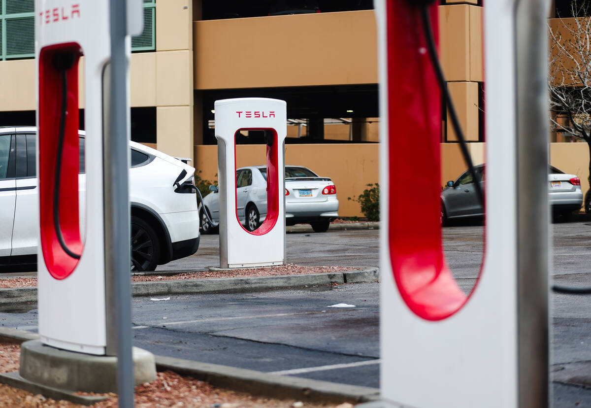 Electric vehicle charging stations at the Las Vegas North Premium Outlets, Tuesday, Feb. 6, 202 ...
