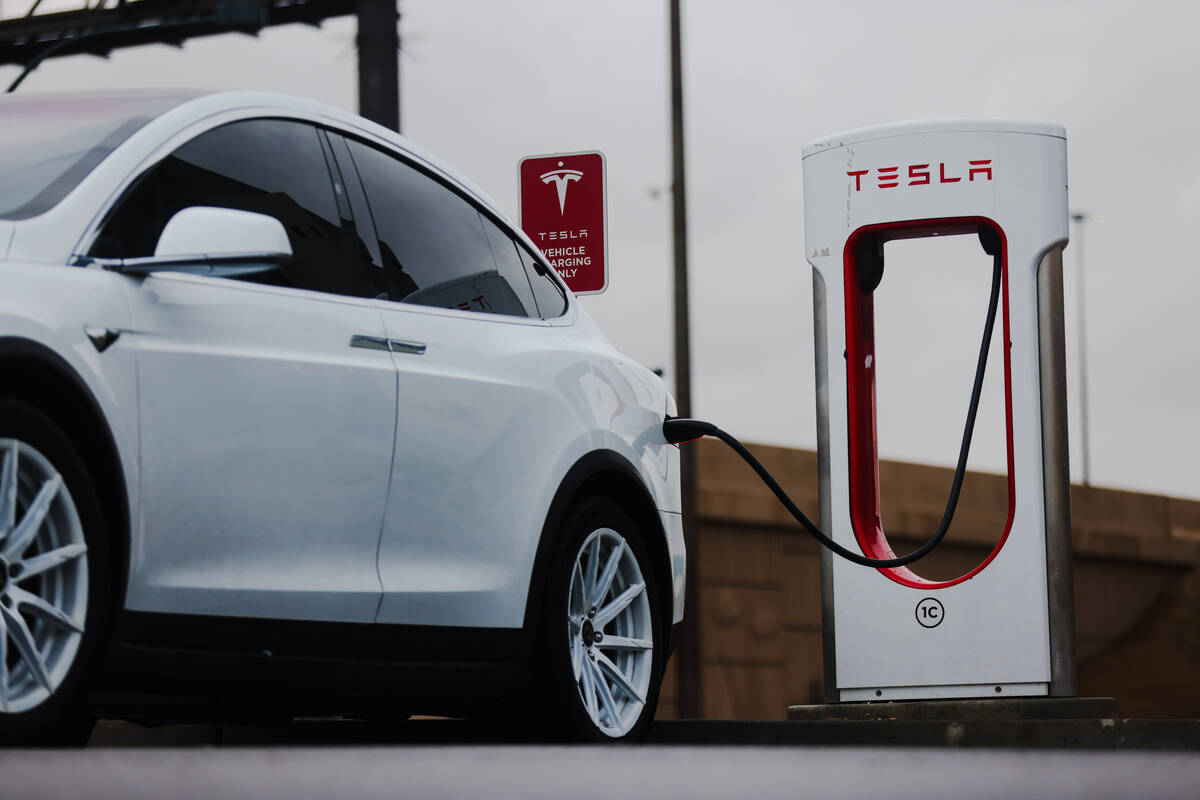 An electric vehicle charging station at the Las Vegas North Premium Outlets, Tuesday, Feb. 6, 2 ...