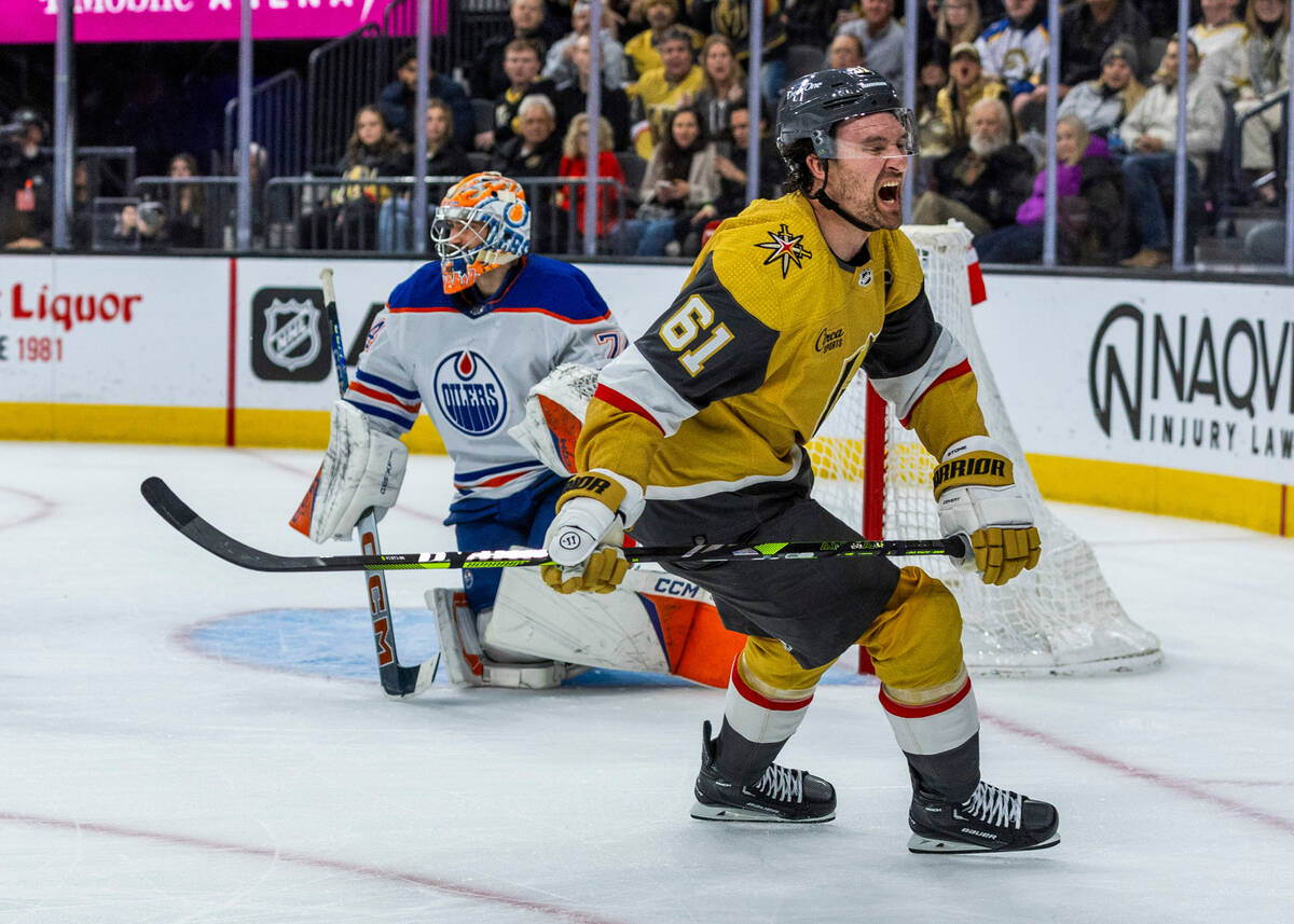 Golden Knights right wing Mark Stone (61) yells out after a near miss against Edmonton Oilers g ...