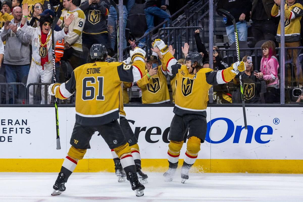 Golden Knights center William Karlsson (71) has a goal celebrated with teammates over the Edmon ...