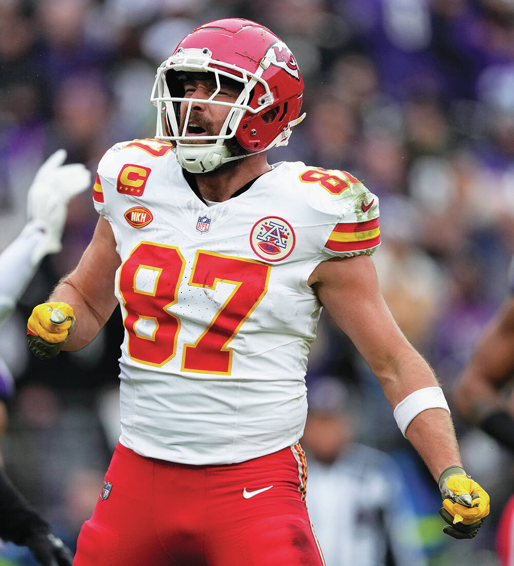 Kansas City Chiefs tight end Travis Kelce (87) reacts after his touchdown during the first half ...