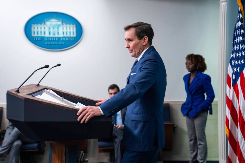 National Security Council spokesman John Kirby speaks during a press briefing at the White Hous ...