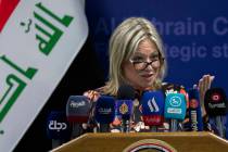 FILE - U.N. special representative to Iraq Jeanine Hennis-Plasschaert speaks during a conferenc ...