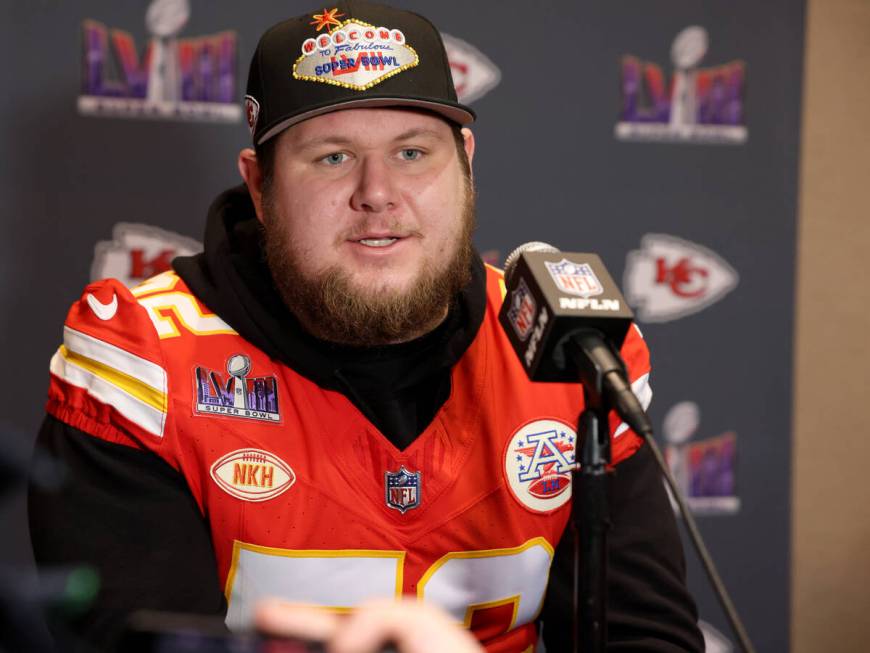 Kansas City Chiefs center Creed Humphrey talks with the news media at Westin Lake Las Vegas in ...