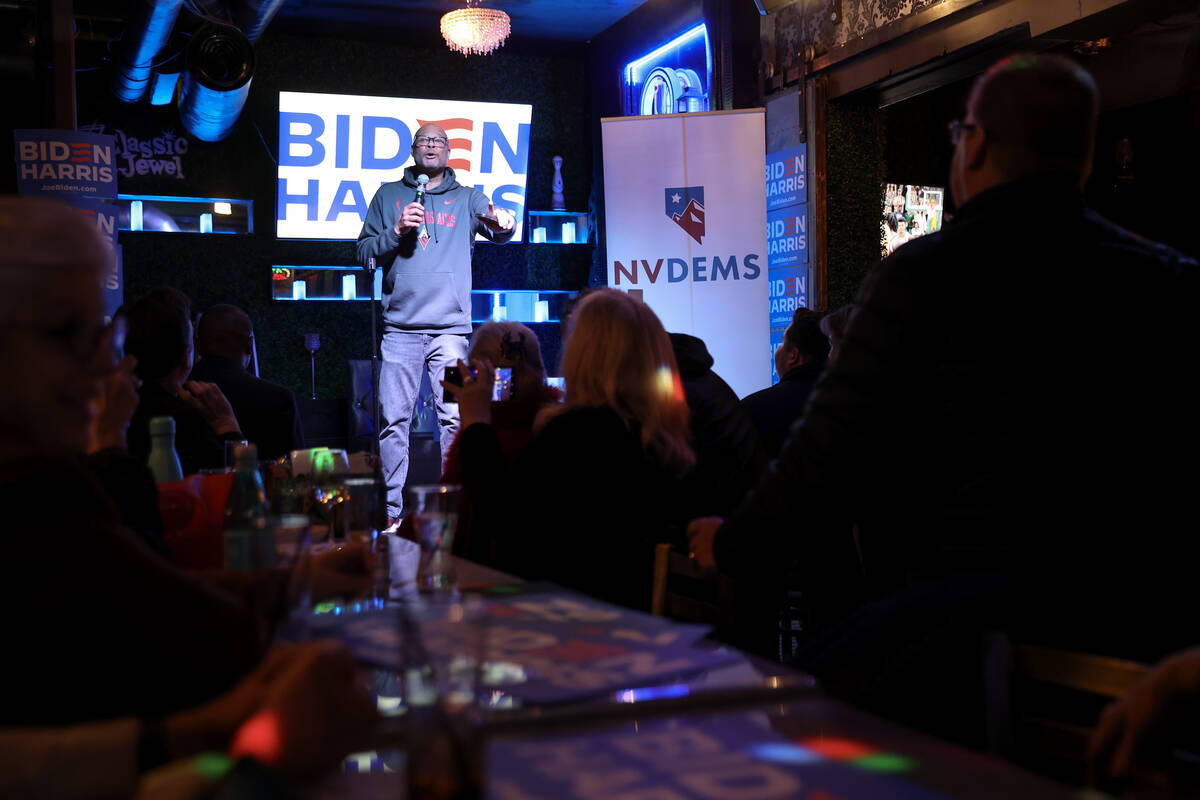 Nevada Attorney General Aaron Ford speaks during a celebration after polls in the primary prefe ...