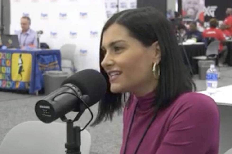 Megan Olivi on Radio Row at the Super Bowl in Las Vegas on Feb. 6, 2024. (Las Vegas Review-Journal)