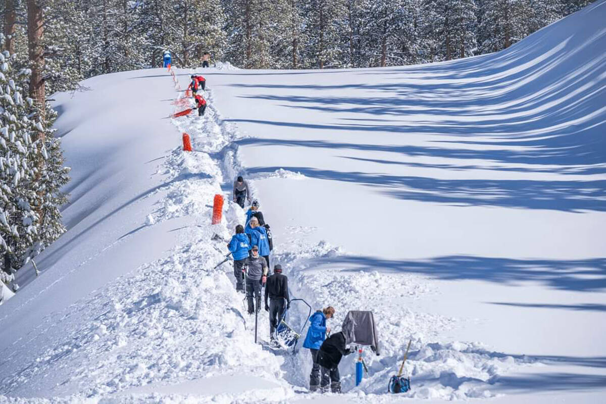 A line of workers on the slopes at Lee Canyon on Wednesday, Feb. 7, 2024. (Lee Canyon)