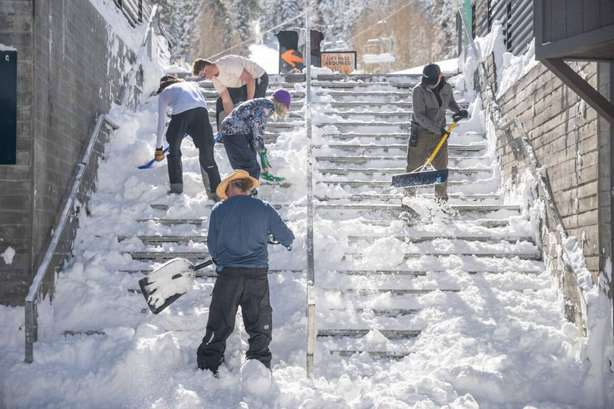Shovelers clear feet of snow from steps at Lee Canyon on Wednesday, Feb. 7, 2024. (Lee Canyon)