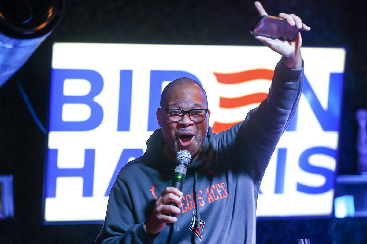 Nevada Attorney General Aaron Ford speaks during a celebration after polls in the primary prefe ...