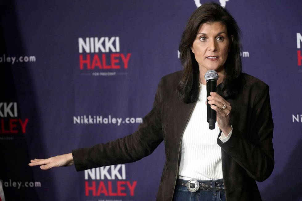 Republican presidential candidate former UN Ambassador Nikki Haley speaks during a campaign ral ...