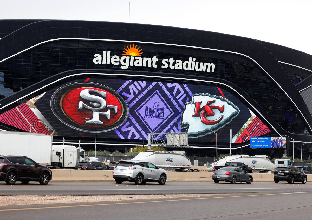 Allegiant Stadium is seen dressed up for the Super Bowl as Super Bowl preparations continue, on ...