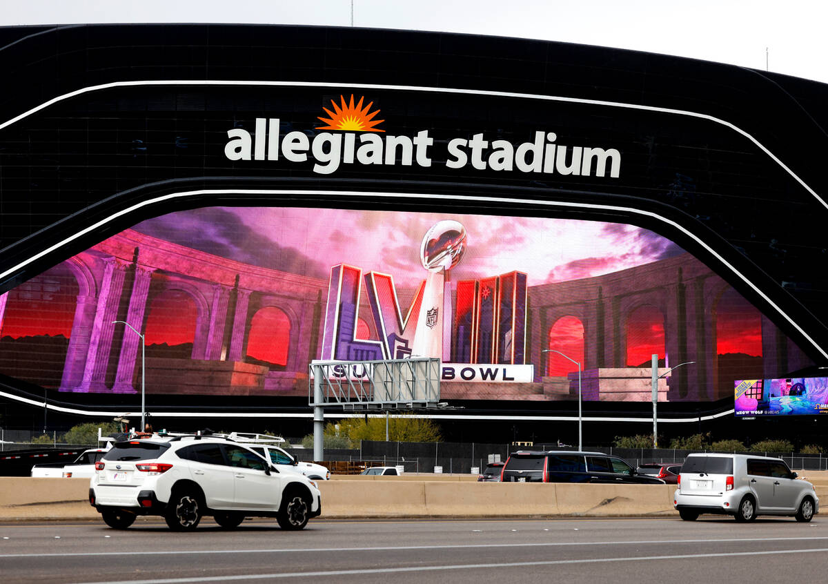 Allegiant Stadium is seen dressed up for the Super Bowl as Super Bowl preparations continue, on ...