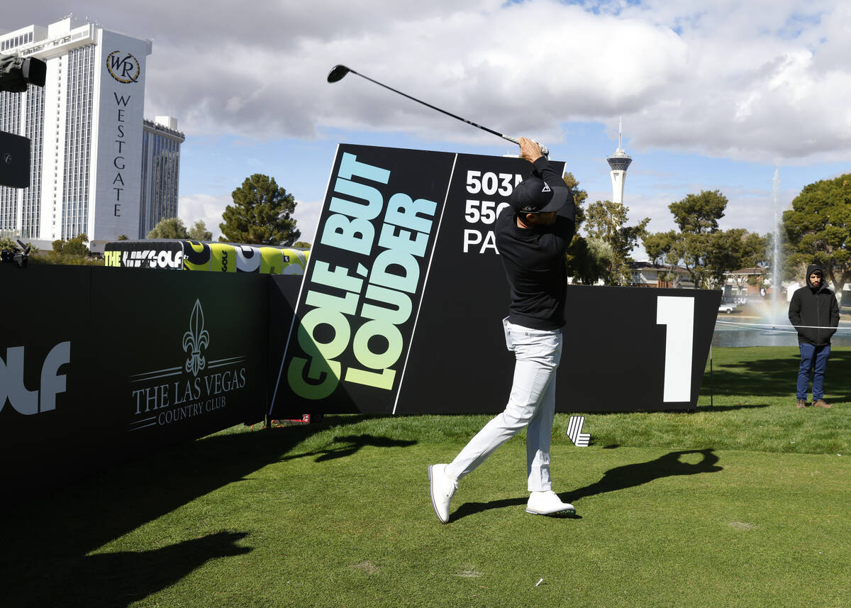 Cameron Triangale watches his tee shot during LIV Golf Las Vegas Pro-Am tournament at Las Vegas ...