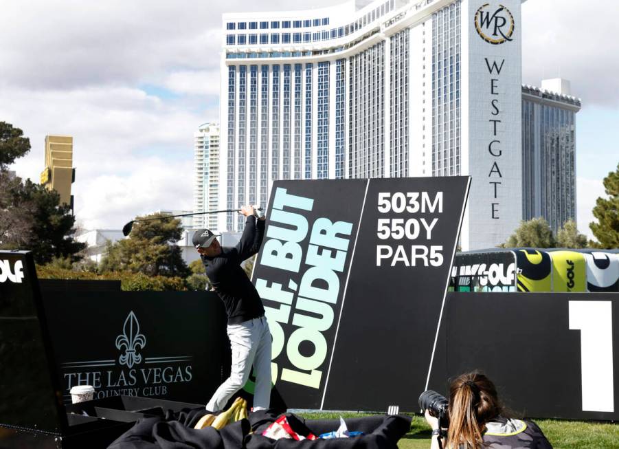 Brendan Steel watches his tee shot during LIV Golf Las Vegas Pro-Am tournament at Las Vegas Cou ...