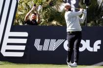 Jon Rahm watches his tee shot during LIV Golf Las Vegas Pro-Am tournament at Las Vegas Country ...