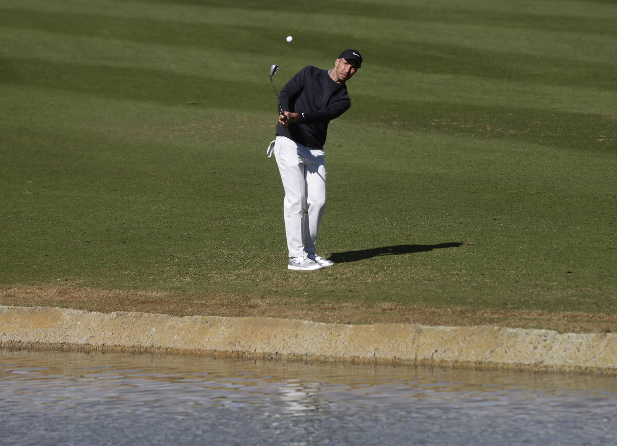 Radek Stepanek watches his shot on the 18th hole during LIV Golf Las Vegas Pro-Am tournament at ...