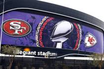 Allegiant Stadium is seen dressed up for the Super Bowl as Super Bowl preparations continue, on ...