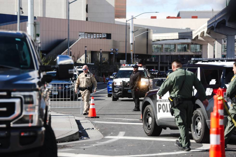 Police presence outside the Sphere where a man climbed to the top before he was apprehended by ...