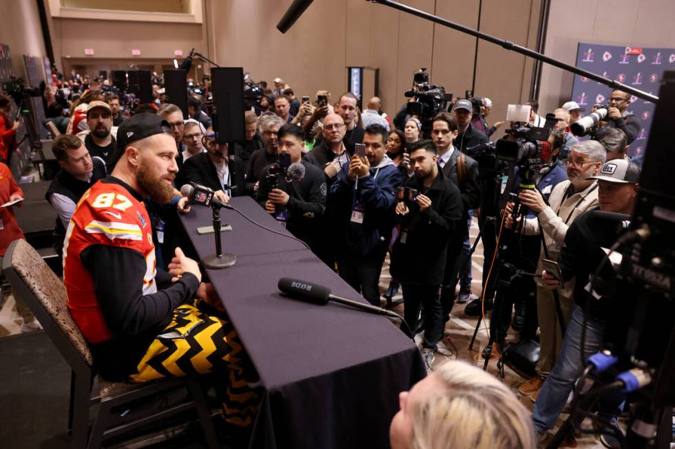 Kansas City Chiefs tight end Travis Kelce talks with the news media at Westin Lake Las Vegas in ...