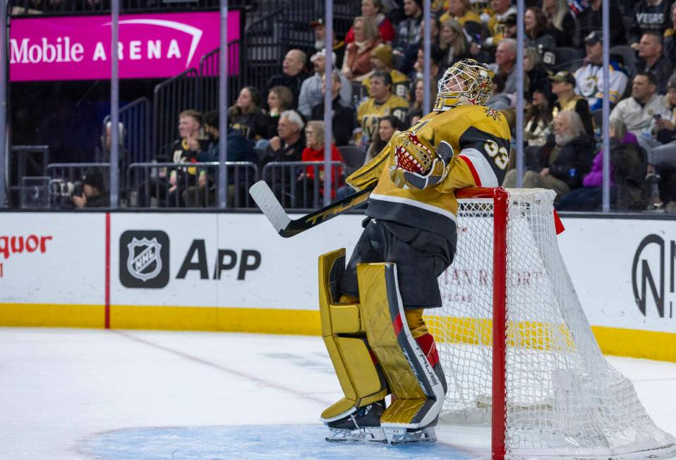 Golden Knights goaltender Adin Hill (33) kicks back after another great save against the Edmont ...