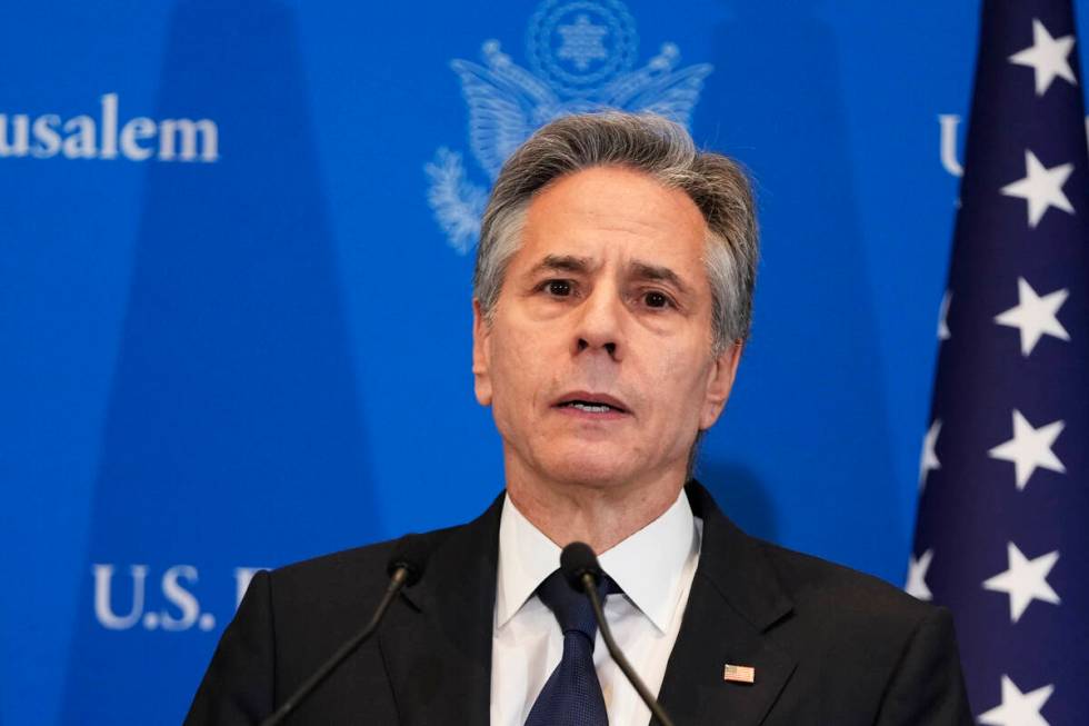 U.S. Secretary of State Antony Blinken speaks during a press conference in Tel Aviv, Israel, We ...