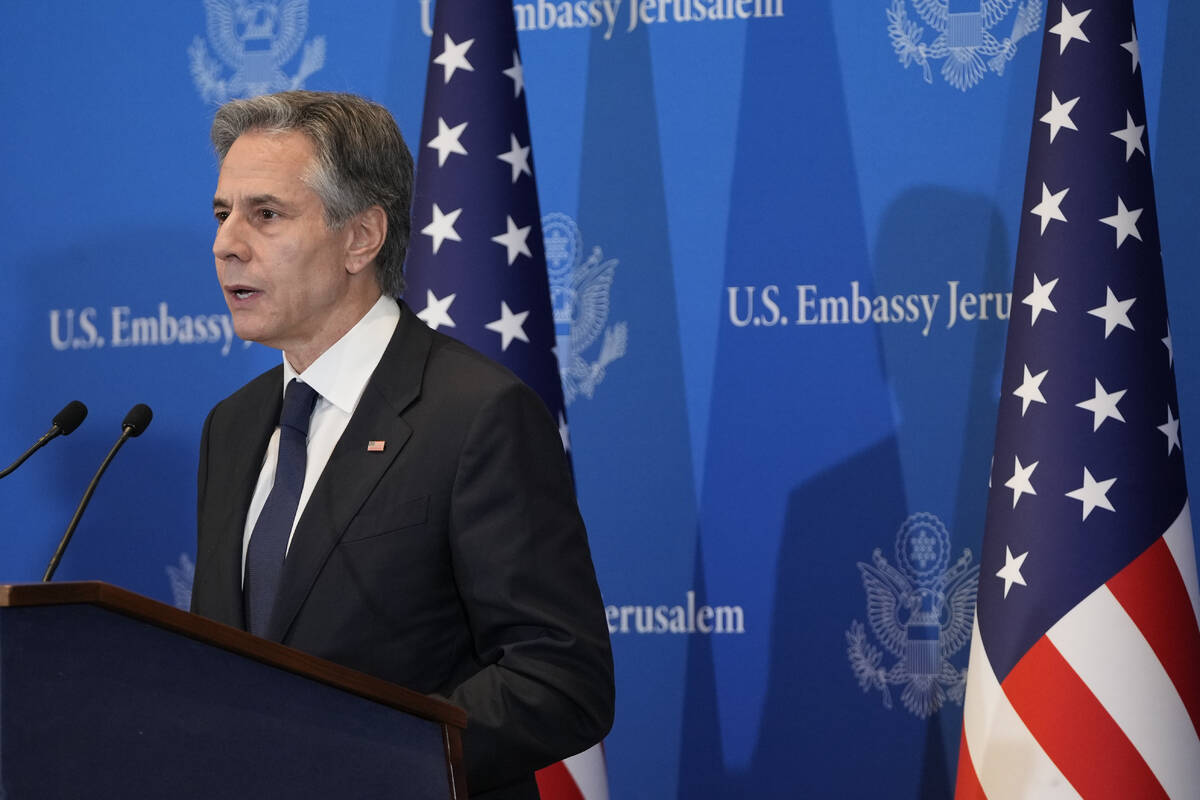 U.S. Secretary of State Antony Blinken speaks during a press conference in Tel Aviv, Israel, We ...