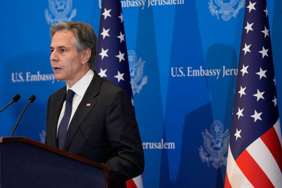 U.S. Secretary of State Antony Blinken speaks during a press conference in Tel Aviv, Israel, We ...